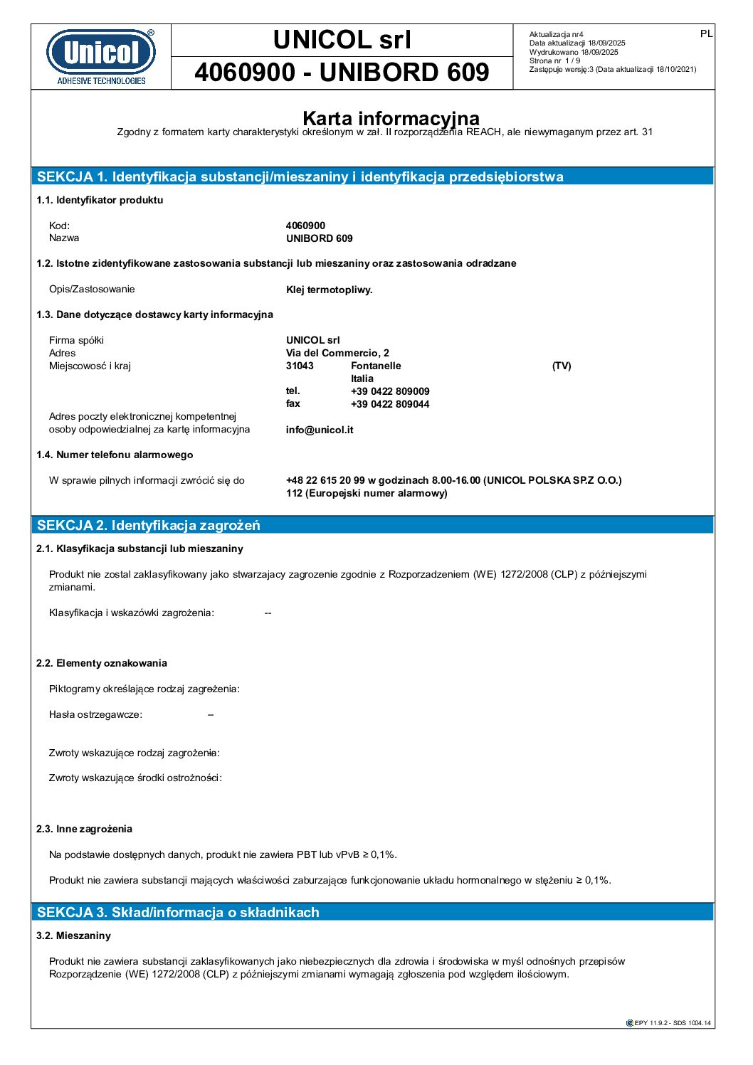 Klej UNIBORD 609 25KG Klej UNIBORD 609 25KG