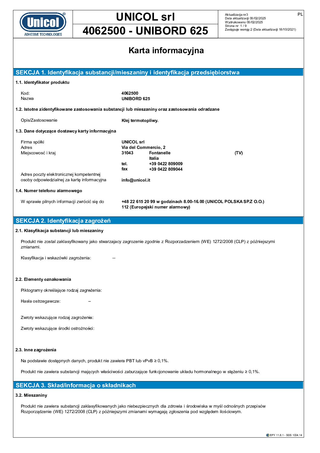 Klej UNIBORD 625 20KG Klej UNIBORD 625 20KG