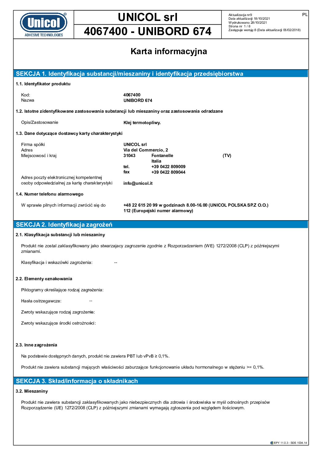 Klej UNIBORD 674 Biały- 25KG Klej UNIBORD 674 Biały- 25KG