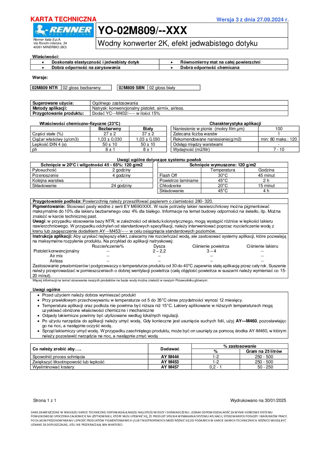 Lakier biały 2-K miękki dotyk Renner YO02M809/SBN - 10kg